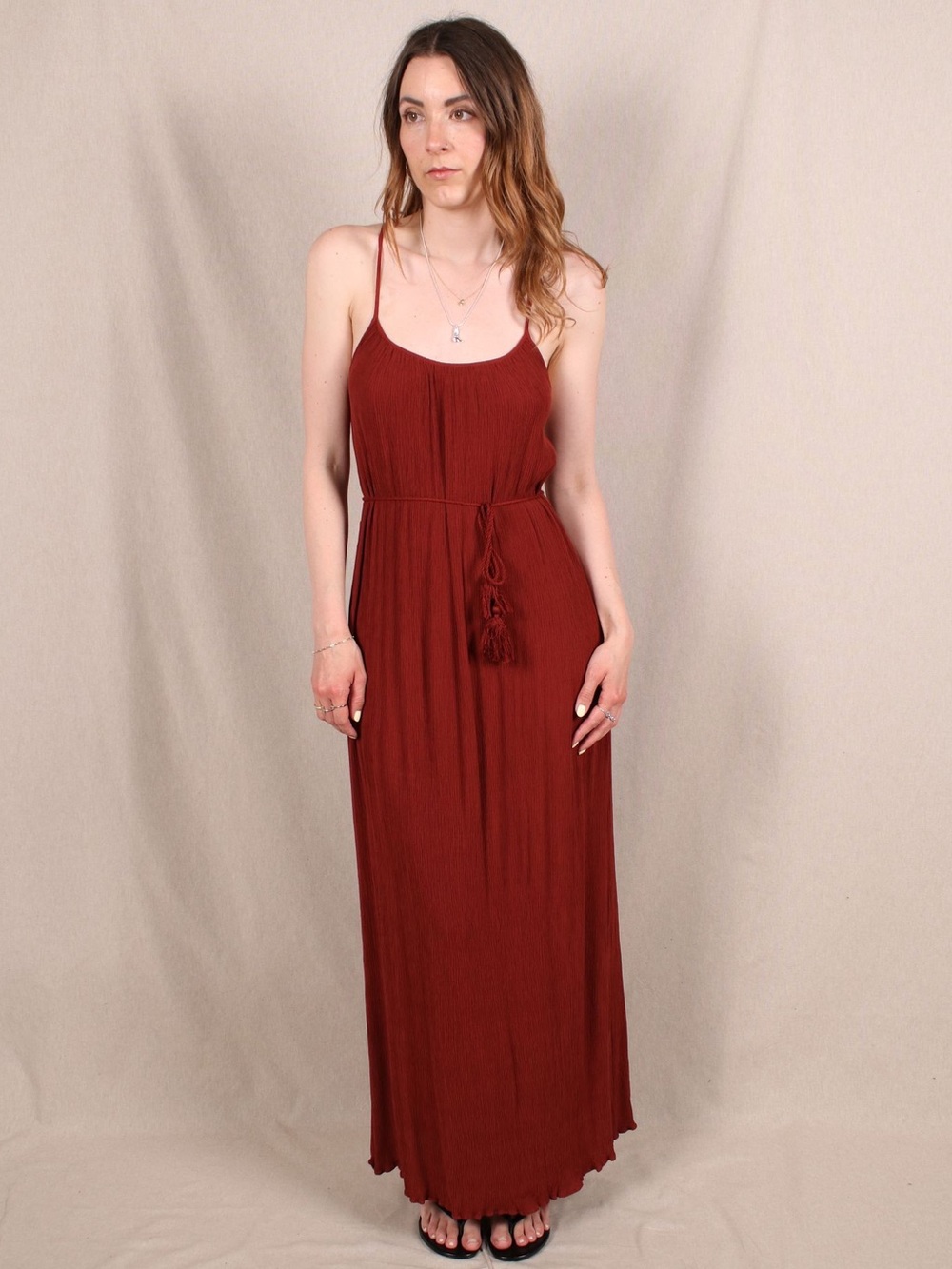 & Other Stories Gathered Crinkle Viscose Red Waist Tie Belt Maxi Dress EUC Sz 4